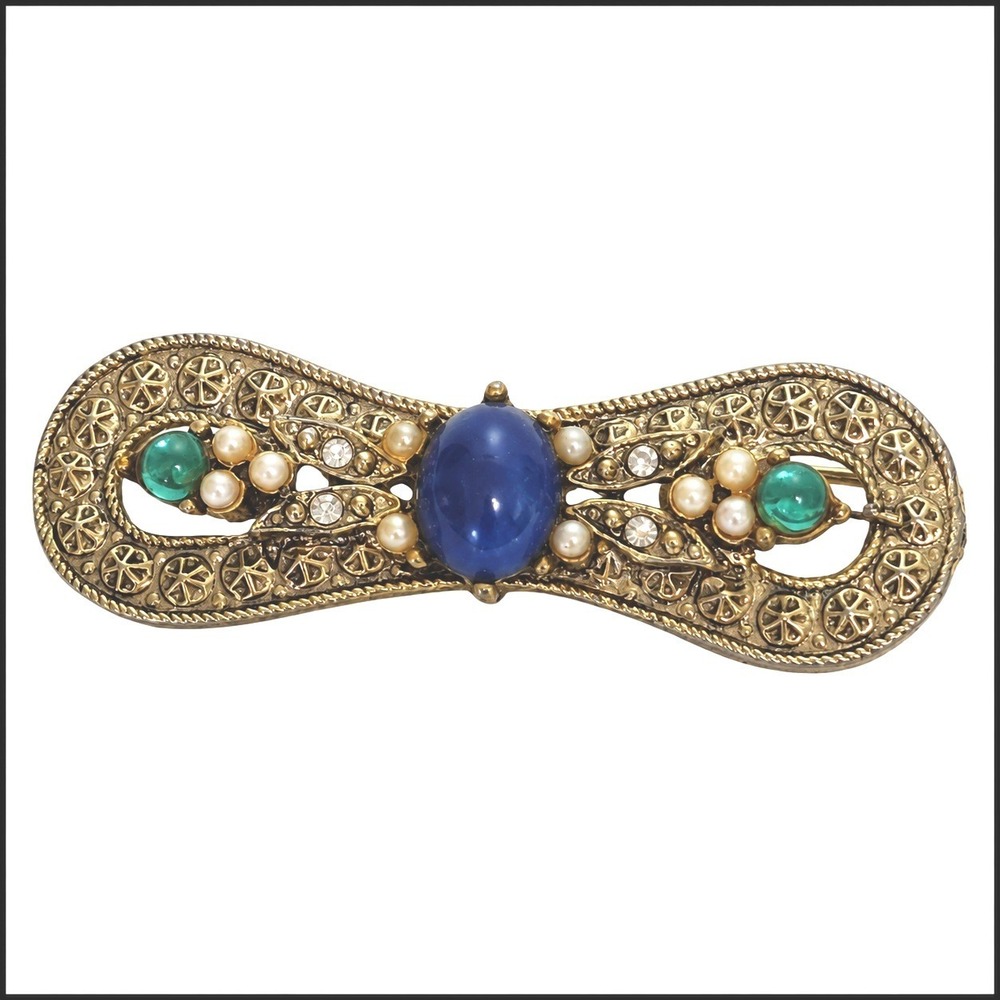 Vintage Gold Tone Filigree Brooch Faux Sapphire Emerald Pearl Rhinestone Pin